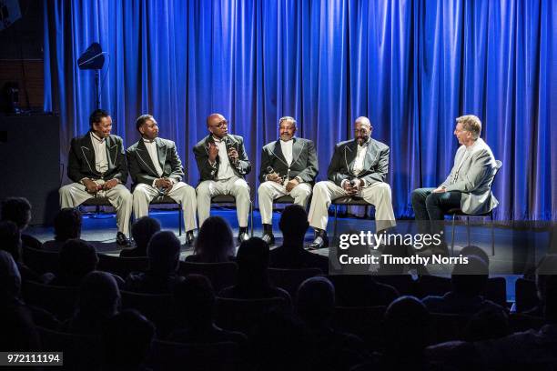 Willie Green, Terry Weeks, Larry Braggs, Ron Tyson, Otis Williams and Bob Santelli speak during The Drop: The Temptations at The GRAMMY Museum on...