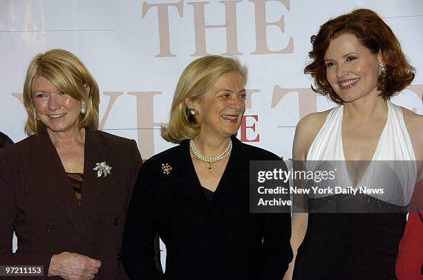 Actress Geena Davis is joined by Martha Stewart and Nane Annan at the United Nations before accepting an award for her portrayal of the first woman...