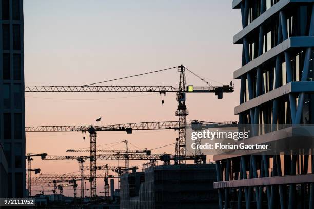 Silhouettes of cranes are pictured on May 29, 2018 in Berlin, Germany.