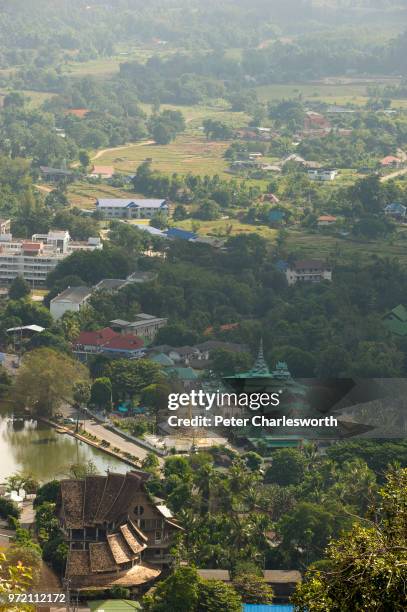 An aerial view of Mae Hong Son from Wat Phra That Doi Kong Mu temple which overlooks the small town from one of the surrounding hills.