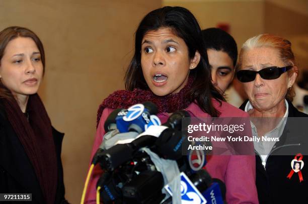 Alejandra St. Guillen - sister of slain grad student Imette St. Guillen - and mother Maureen speak to media inside Brooklyn Supreme Court where...