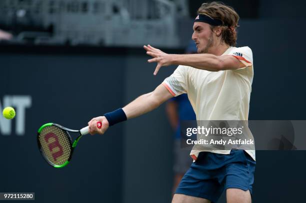 Stefanos Tsitsipas of Greece hits a forehand during the Men's singles, first round match against Bernard Tomic of Australia on day two on Day Two of...
