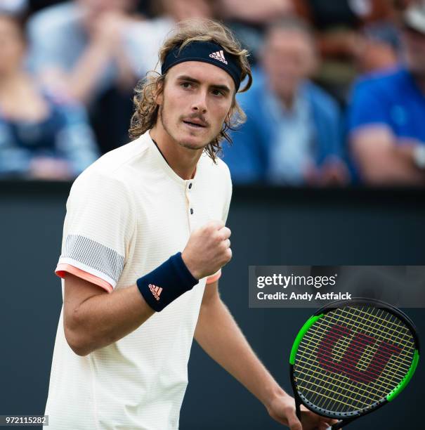 Stefanos Tsitsipas of Greece reacts during the Men's singles, first round match against Bernard Tomic of Australia on day two on Day Two of the...
