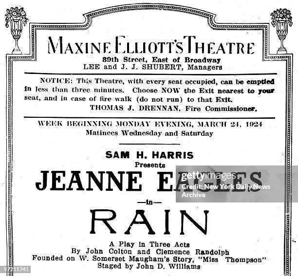 Actress Jeanne Eagels starring in "Rain" a play at Maxine Elliott's Theatre.