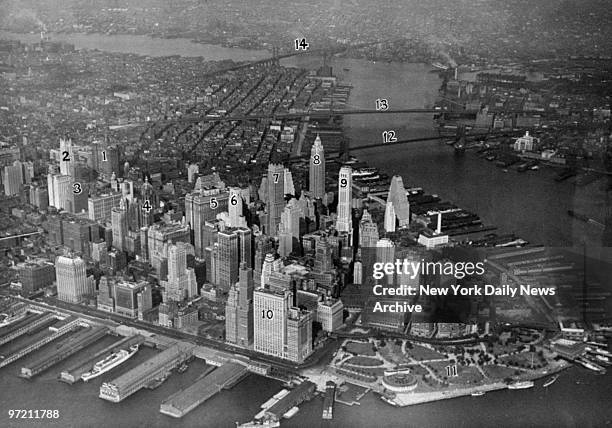 Aerial view of New York City. The buildings: Municipal , Woolworth , Transportation , Singer , Equitable Life , Irving Trust , Bank of Manhattan ,...