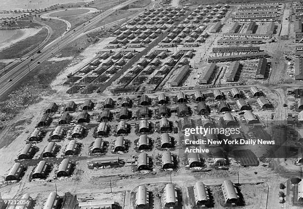 Aerial view of the construction of 2,000-family Quonset hut vet colony in Canarsie.