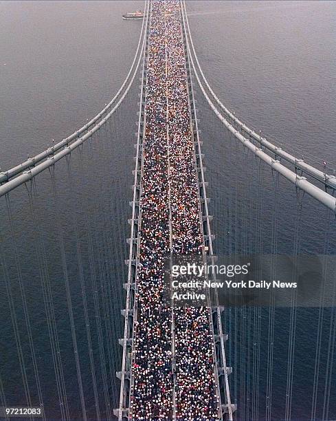 Aerial view of the New York City Marathon from atop the Verrazano-Narrows Bridge.