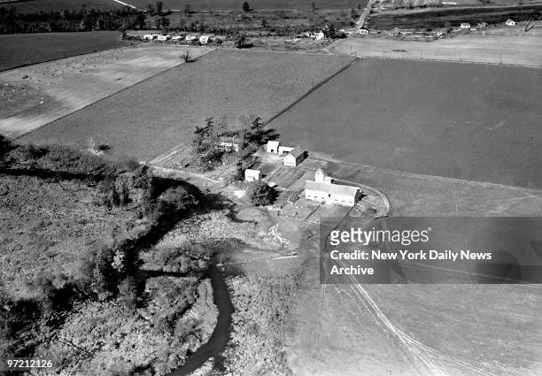 Aerial view of Wilson Farm, scene of the "attack" on America by monsters from Mars as described in "The War of the Worlds" radio broadcast by actor...