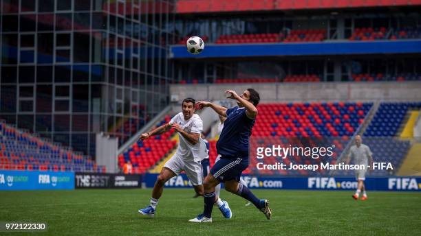 Robert Harrison of CONMEBOL competes with Luis Figo of UEFA during the FIFA Congress Delegation Football Tournament at CSKA Arena during the on June...