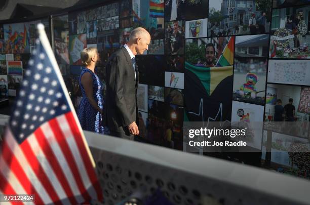Florida Governor Rick Scott and First Lady Ann Scott visit the memorial to the 49 shooting victims setup at the Pulse nightclub where the shootings...