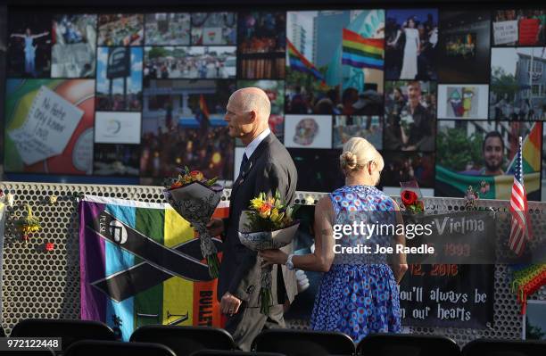 Florida Governor Rick Scott and First Lady Ann Scott visit the memorial to the 49 shooting victims setup at the Pulse nightclub where the shootings...