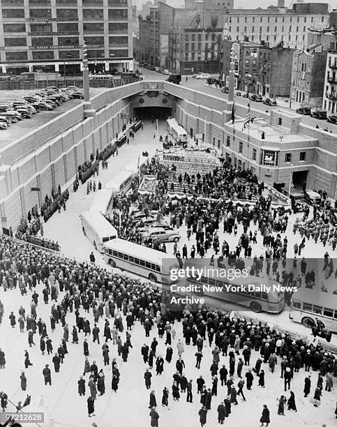 Air view of dedication ceremonies of Lincoln Tunnel.