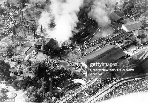 Air view of fire at Palisades Amusement Park in Fort Lee, N.J.