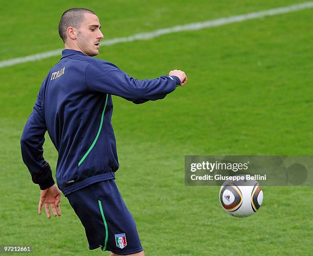 Leonardo Bonucci of Italy Team during a training session at FIGC Centre at Coverciano on March 1, 2010 in Florence, Italy.