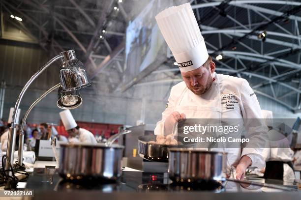 Kenneth Toft-Hansen of Denmark cooks during the Europe 2018 Bocuse d'Or International culinary competition. Best ten teams will access to the world...