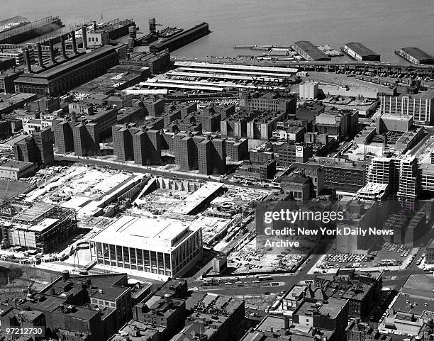 Airviews, Airview of Lincoln Center showing Amsterdam Ave., the piers and Hudson River behind.,