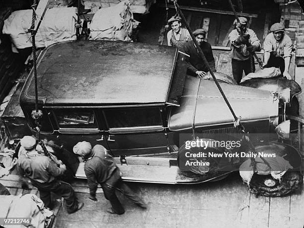 Al Capone's armored car aboard S. S. American Trader to be shipped to England.