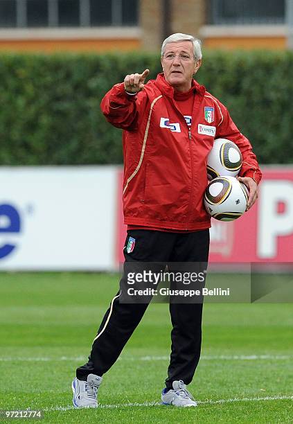 Marcello Lippi head coach of Italy Team during a training session at FIGC Centre at Coverciano on March 1, 2010 in Florence, Italy.