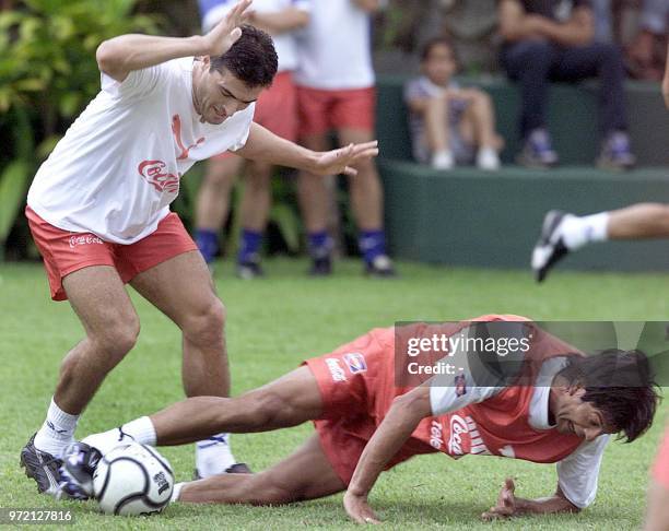 Soccer players Roberto and Saturnino Cardozo fight for the ball in San Bernadino, Paraguay 13 November 2001. Los jugadores Roberto acuna y Saturnino...