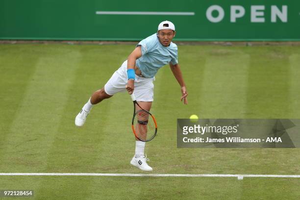 Tatsuma Ito of Japan during Day 4 of the Nature Valley open at Nottingham Tennis Centre on June 12, 2018 in Nottingham, England.