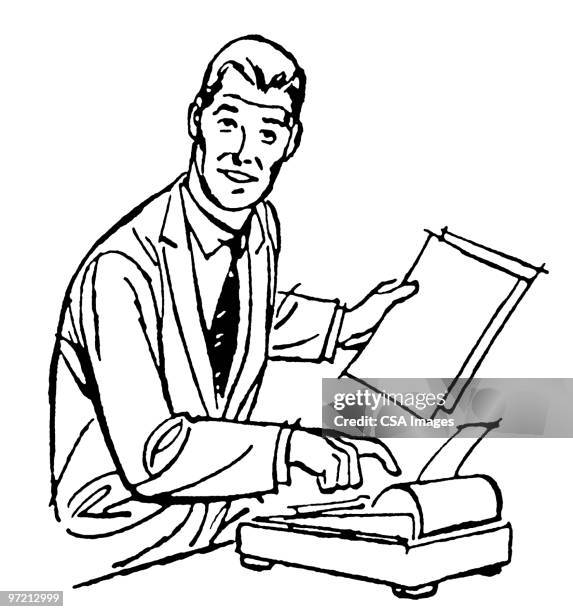 Man Ringing Up Adding Machine 58,860 Black And White Illustration Working High Res Illustrations ...