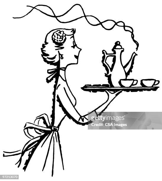 woman with tea - waitress stock illustrations