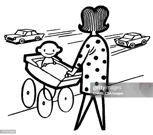 woman pushing baby in carriage - baby pram stock illustrations