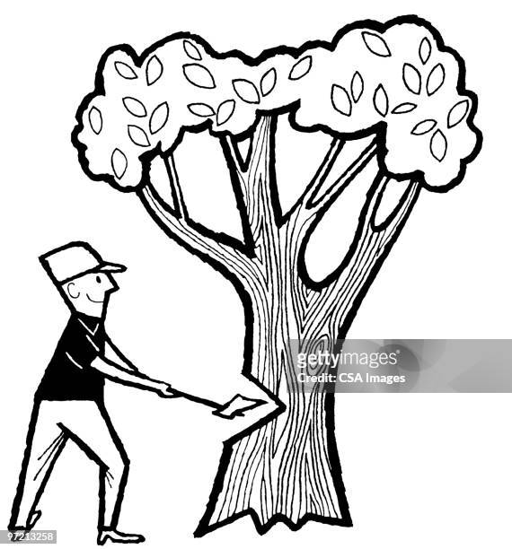 illustrazioni stock, clip art, cartoni animati e icone di tendenza di chopping a tree - axe
