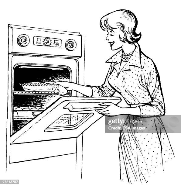 woman at oven - dessert pie stock illustrations