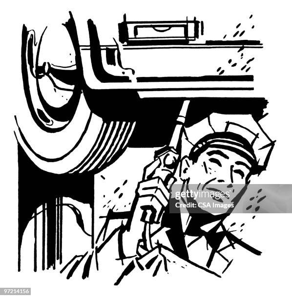 auto mechanic working on lifted car - car repairs stock illustrations