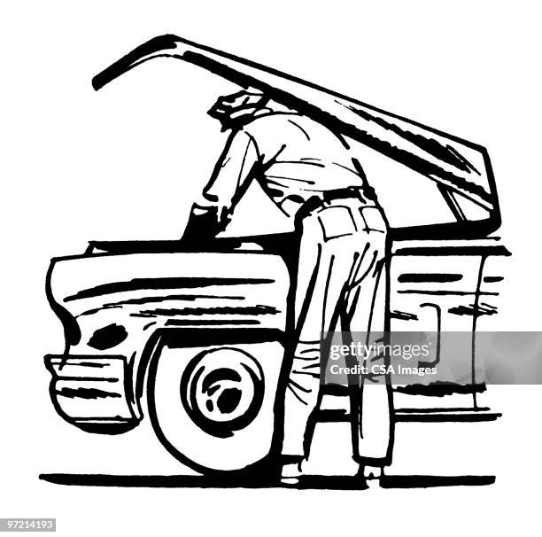 auto mechanic under a hood - bonnet stock illustrations