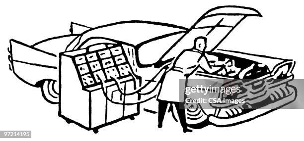 mechanic charging car engine - car fuel system stock illustrations