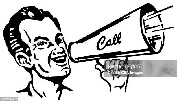 man calling out with megaphone - marktschreier stock-grafiken, -clipart, -cartoons und -symbole