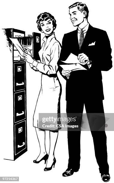 man and woman at file drawer - work romance stock illustrations