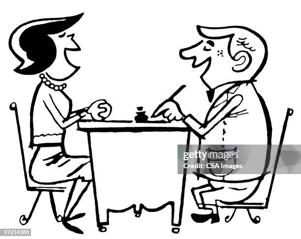 man and woman at desk laughing - contract happy stock illustrations