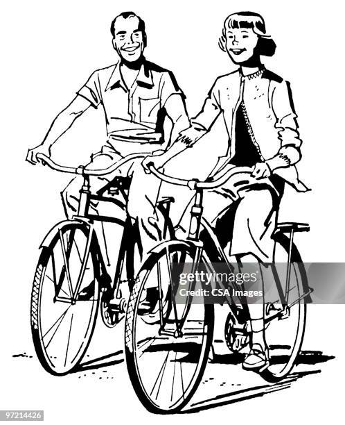 man and woman on bicycles - motorbike stock illustrations