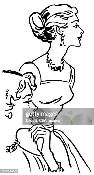 two women dressed up - evening dress stock illustrations