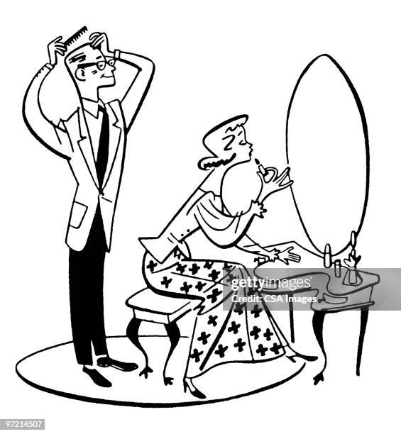 man and woman getting ready - bedroom vanity stock illustrations