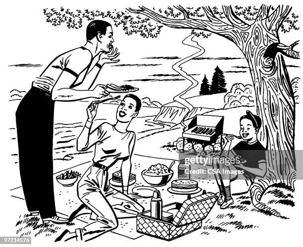 family picnic - bed sheets stock illustrations