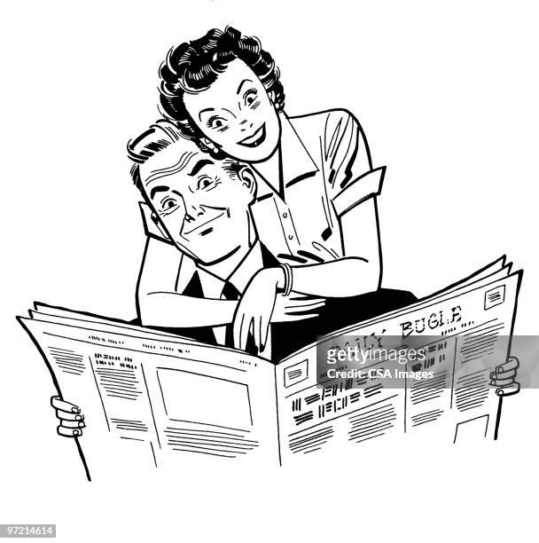 couple reading newspaper - embracing stock illustrations