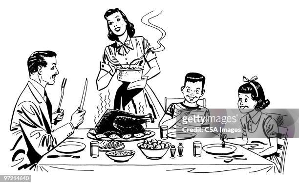 ilustraciones, imágenes clip art, dibujos animados e iconos de stock de family dinner - familia comiendo