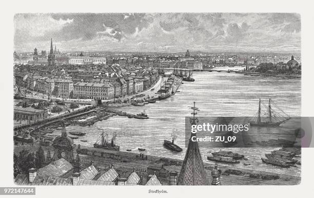 stockholm, capital city of sweden, wood engraving, published in 1897 - stockholm port stock illustrations