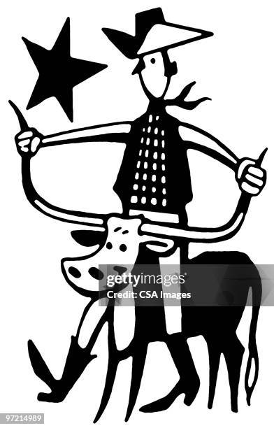 cowboy on steer - captive animals stock illustrations