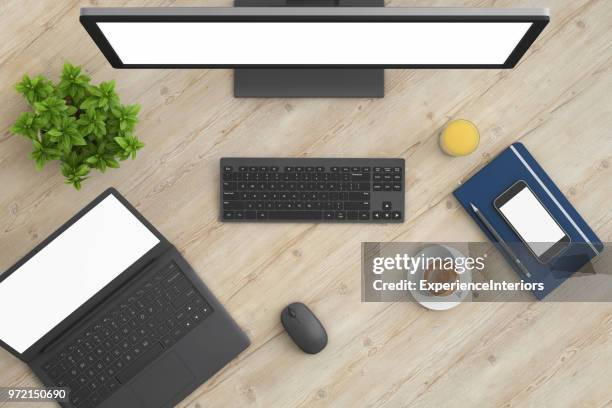 knolling top view office table with laptop - desk tablet phone monitor stock pictures, royalty-free photos & images