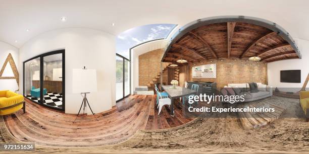 moderno monolocale 360 interni panoramici equirectangulari - mobile 360 foto e immagini stock