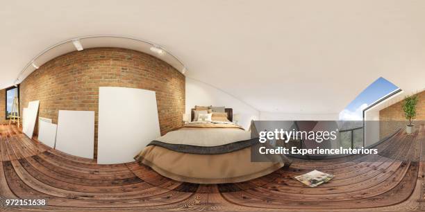 modern studio apartment bedroom 360 equirectangular panoramic interior - equirectangular panorama stock pictures, royalty-free photos & images