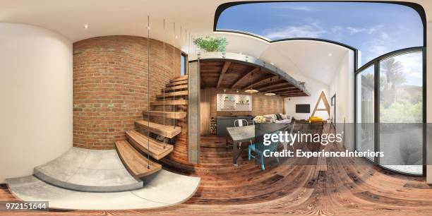 modern studio apartment 360 equirectangular panoramic interior - vr 360 stock pictures, royalty-free photos & images