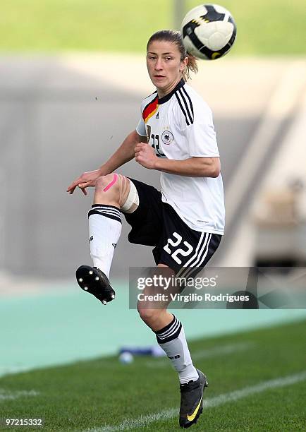 Bianca Schmidt of Germany in action during the Woman Algarve Cup match between Germany and China at the Estadio Algarve on March 1, 2010 in Faro,...