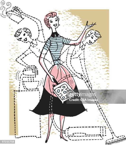 illustrations, cliparts, dessins animés et icônes de woman split to do chores - ustensiles de ménage