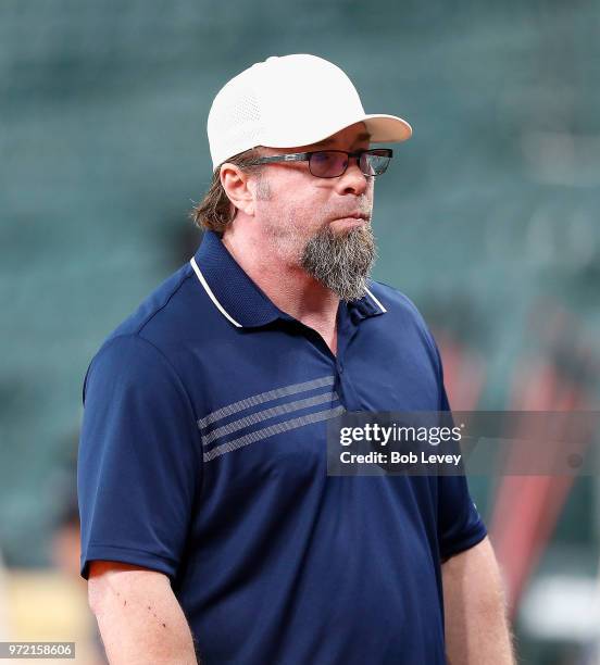 Former Houston Astro and Hall of Famer Jeff Bagwell visits batting practice at Minute Maid Park on June 1, 2018 in Houston, Texas.